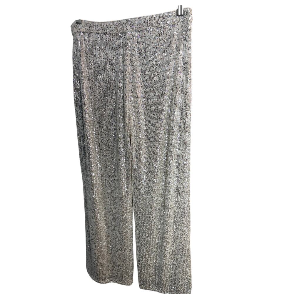 NWT Aakaa Women's Silver Sequin Lined Wide Leg Pants L Glam Holiday Party Disco - Picture 2 of 9